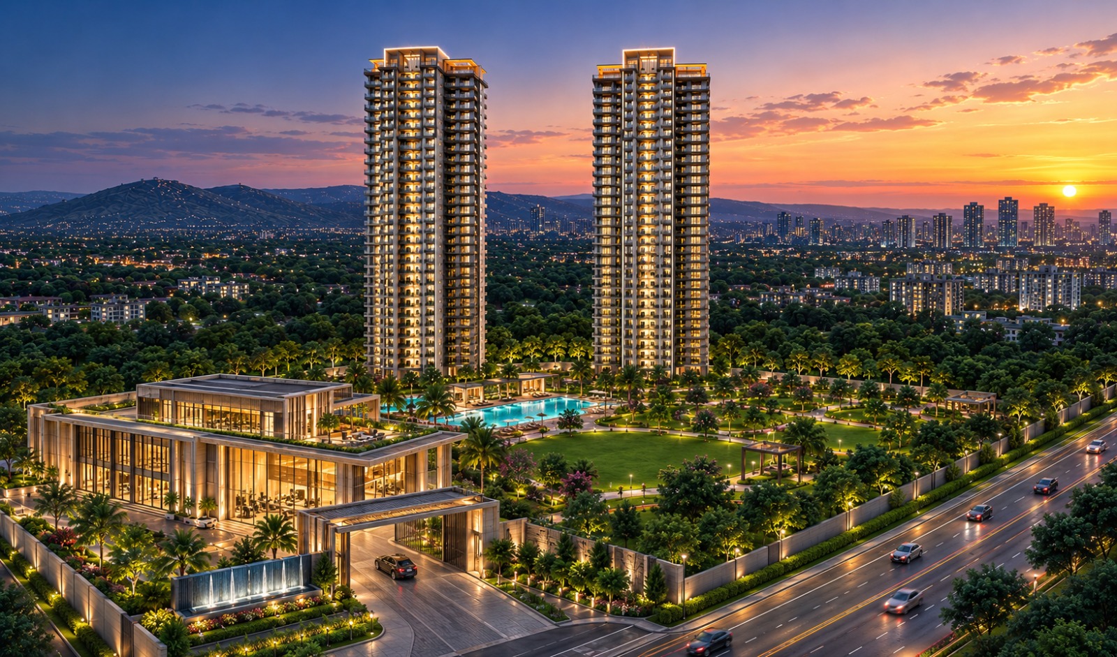 Twin luxury residential towers at dusk surrounded by landscaped gardens