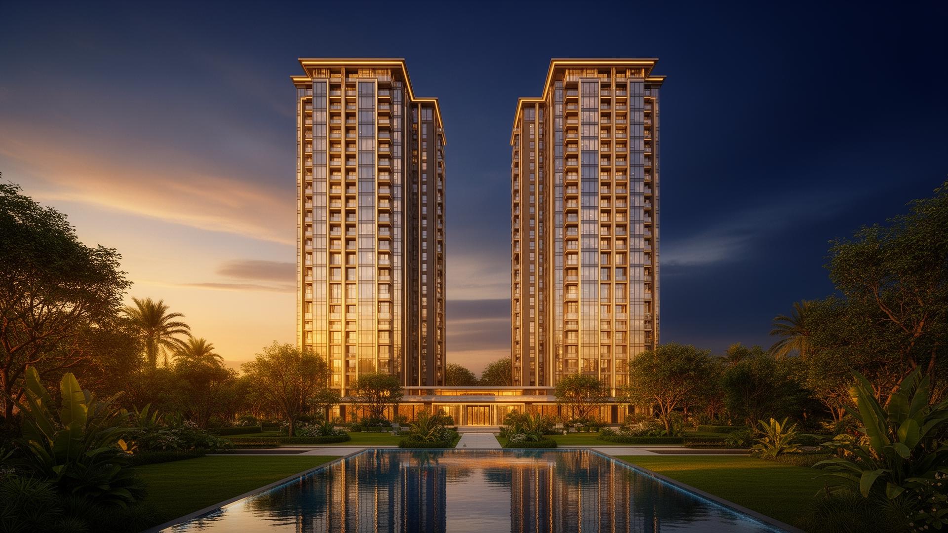 Twin luxury residential towers at dusk surrounded by landscaped gardens